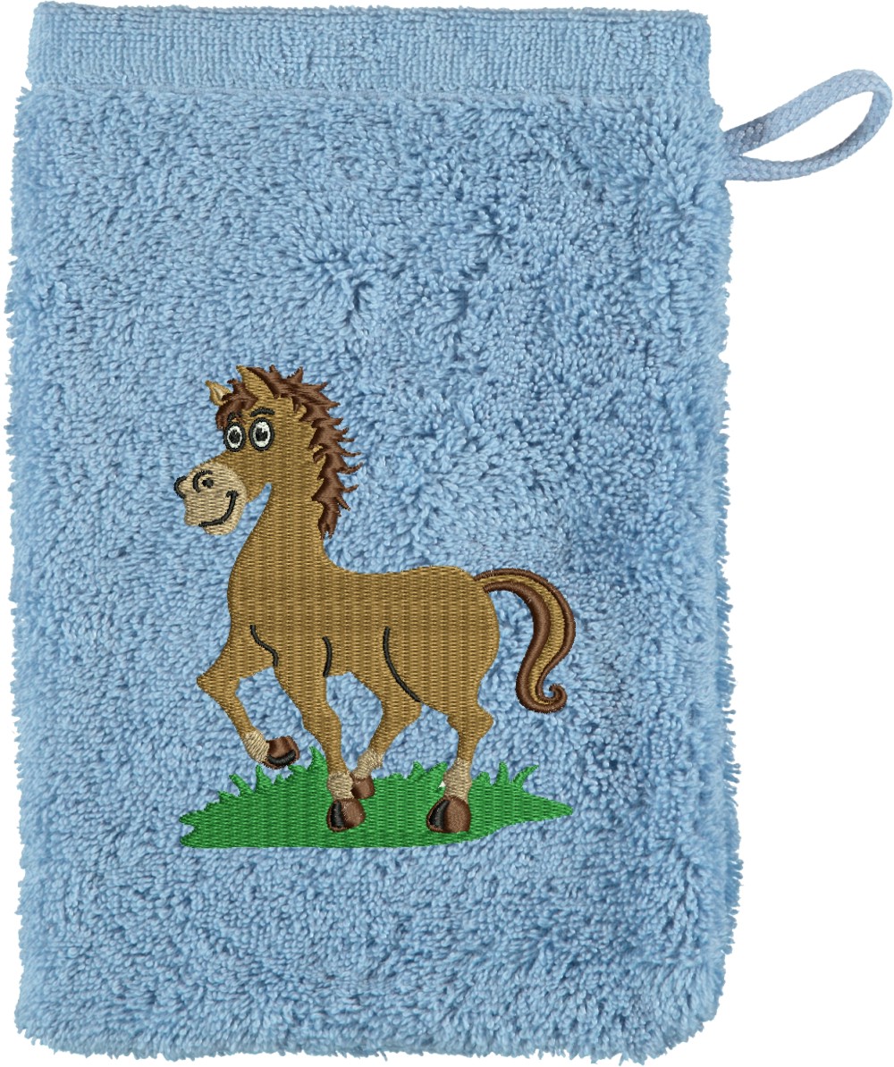 Waschhandschuh von Cawö bestickt mit Pferd Jolly