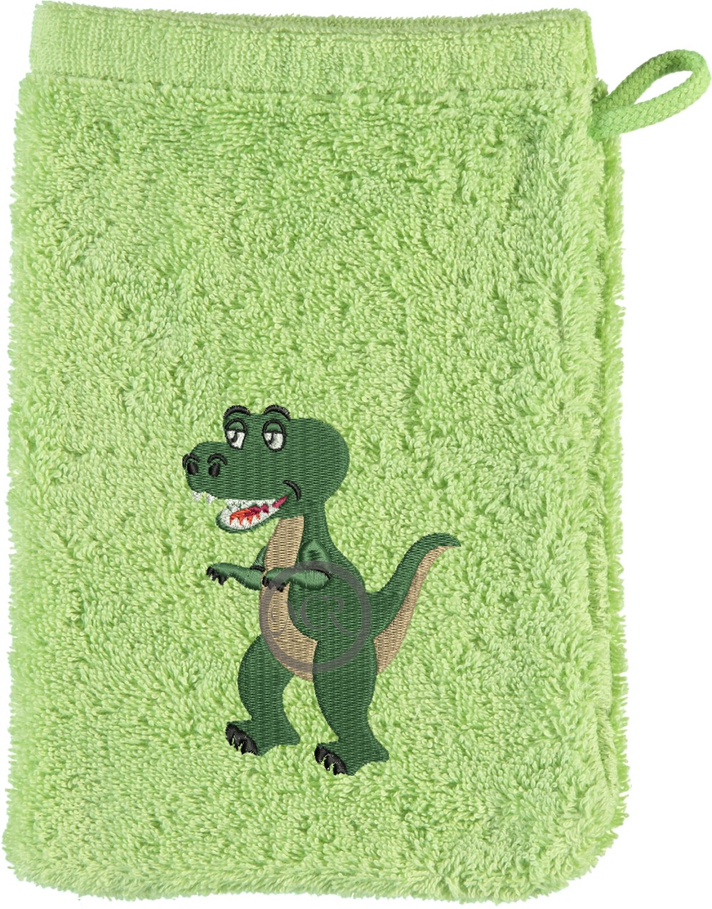 Waschhandschuh von Cawö bestickt mit T-Rex