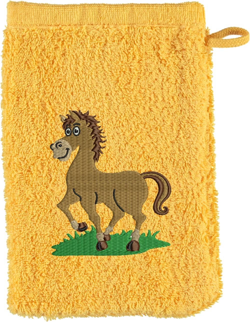 Waschhandschuh von Cawö bestickt mit Pferd Jolly