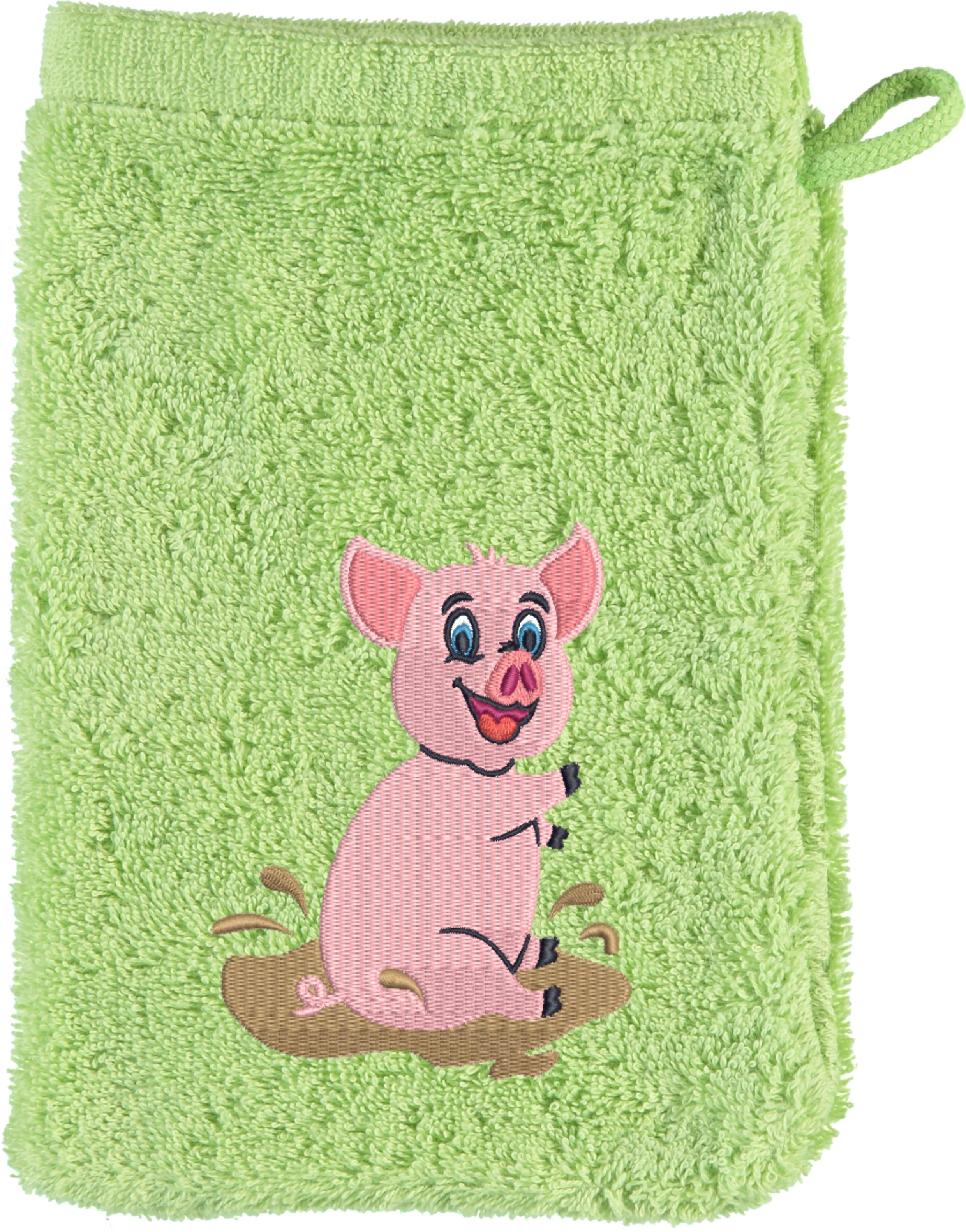 Waschhandschuh von Cawö bestickt mit Schweinchen