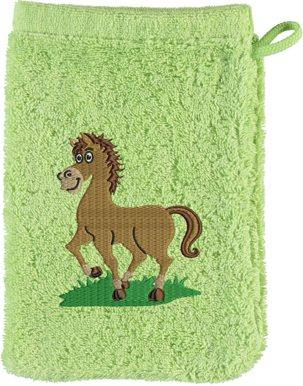 Waschhandschuh von Cawö bestickt mit Pferd Jolly